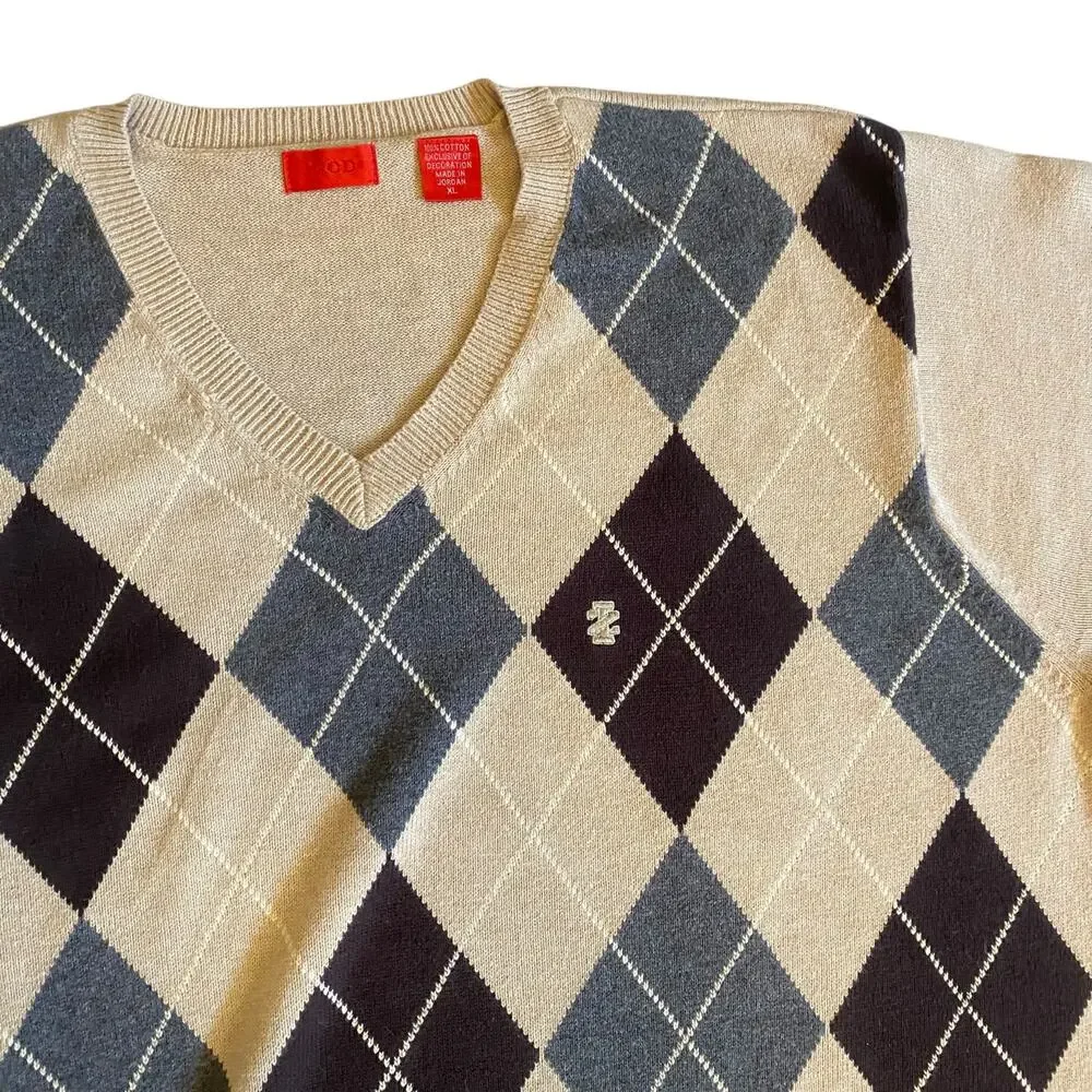 Vintage 90s Y2K Izod Diamond V-Neck Beige Sweater Size XL 100% Cotton Preppy